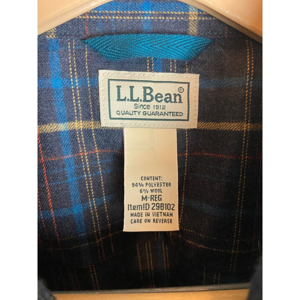 L.L.Bean Mens Medium Wool Blend Plaid Flannel Button Up Shirt - Blue Tan - Picture 4 of 7